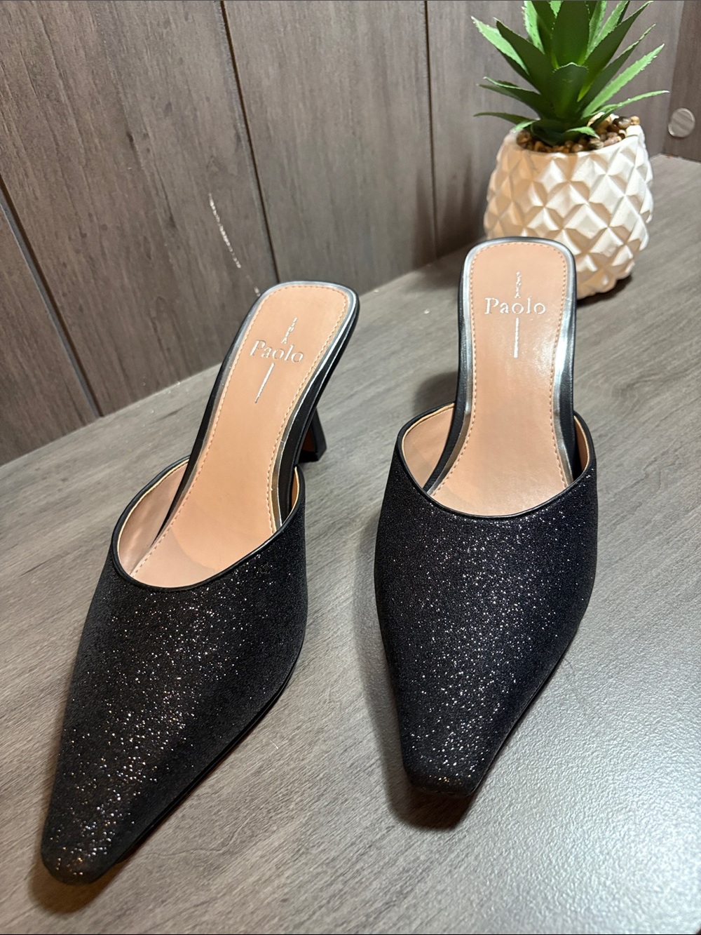 Paolo Black Glitter Pointed Mule Heels